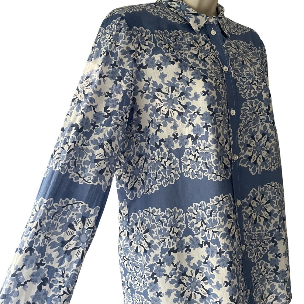 Sézane Pierro Shirt 34 XS Blue White Floral Organic Cotton Button Front Portugal - Picture 7 of 11